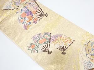 扇面に鴛鴦・草花模様織り出し 袋帯